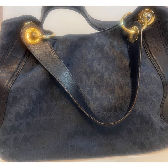 Michael Kors MK Jacquard Canvas Leather Large Drawstring Shoulder Tote Bag Purse - Picture 2 of 13